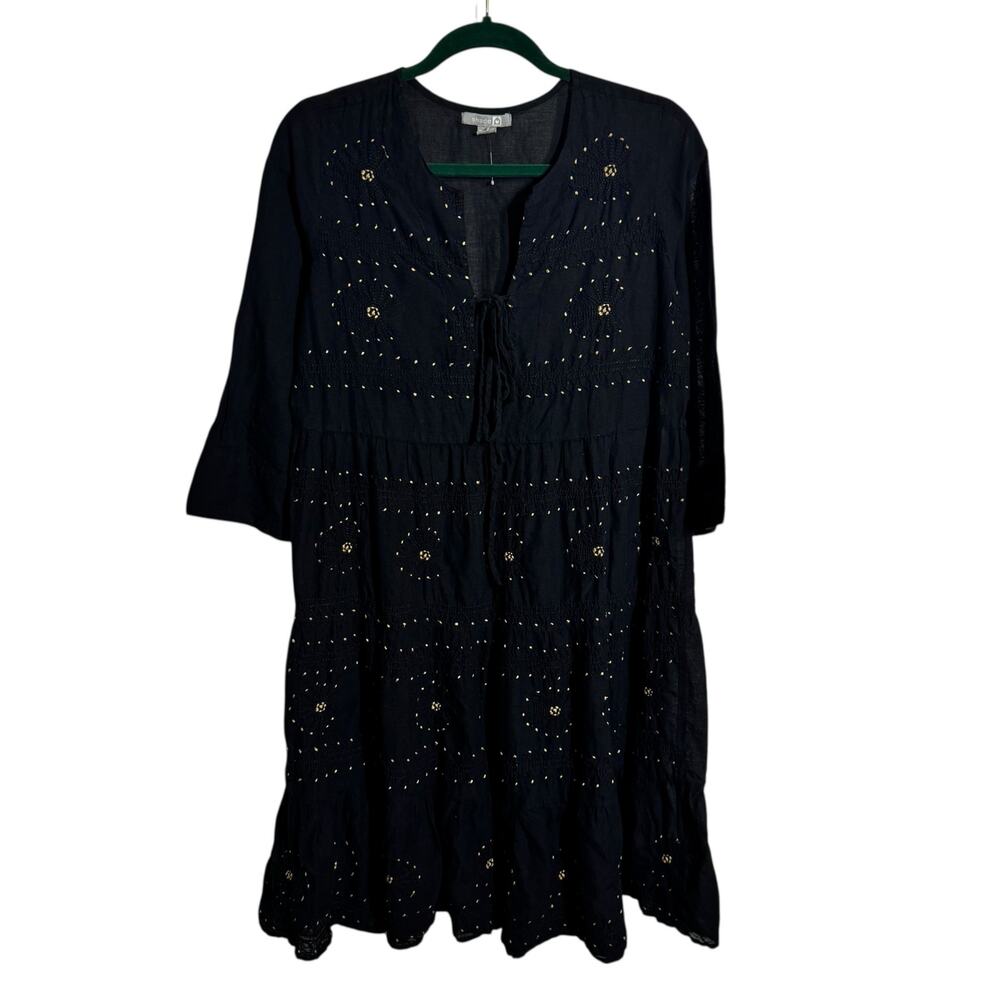Shade Dress Women S Black Embroidery 1/2 Sleeve 100& Cotton Boho Coastal Minimal